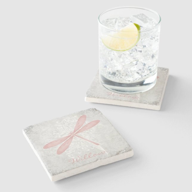 Pink Dragonfly Personalized Stone Coaster (Side)