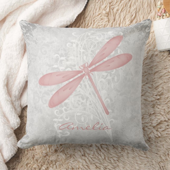 Pink Dragonfly Personalized Throw Pillow (Blanket)