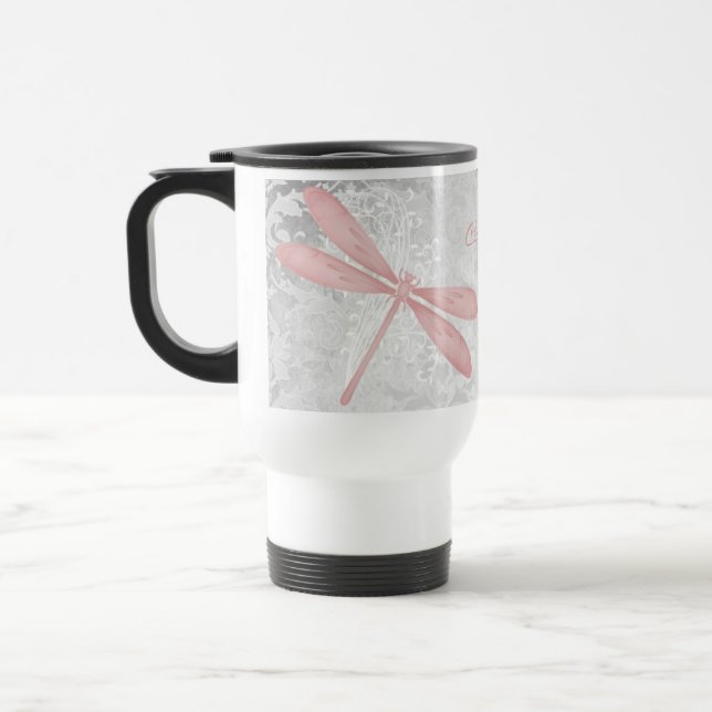 Pink Dragonfly Personalized Travel Mug (Left)