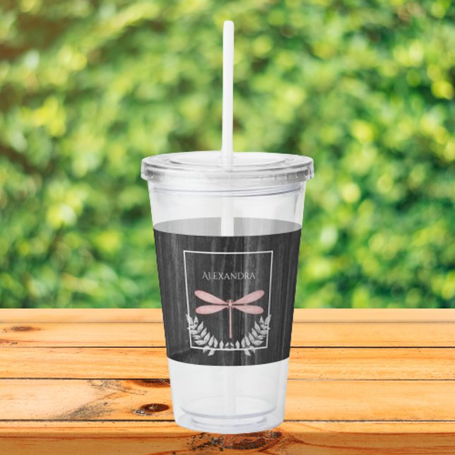 Pink Dragonfly Rustic Personalized Acrylic Tumbler (Pink Dragonfly Rustic Personalized Acrylic Tumbler)