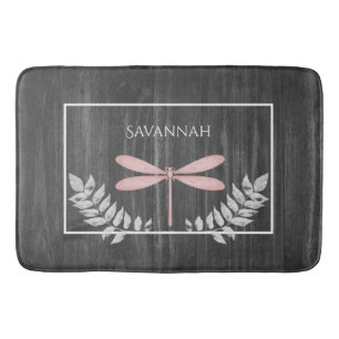 Pink Dragonfly Rustic Personalized Bath Mat