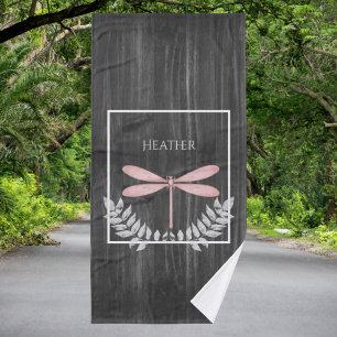 Pink Dragonfly Rustic Personalized Bath Towel Set