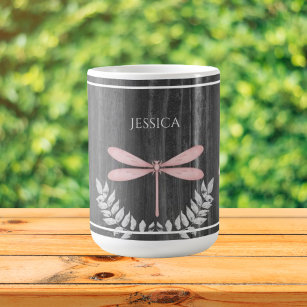 Pink Dragonfly Rustic Personalized Coffee Mug