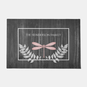 Pink Dragonfly Rustic Personalized Doormat