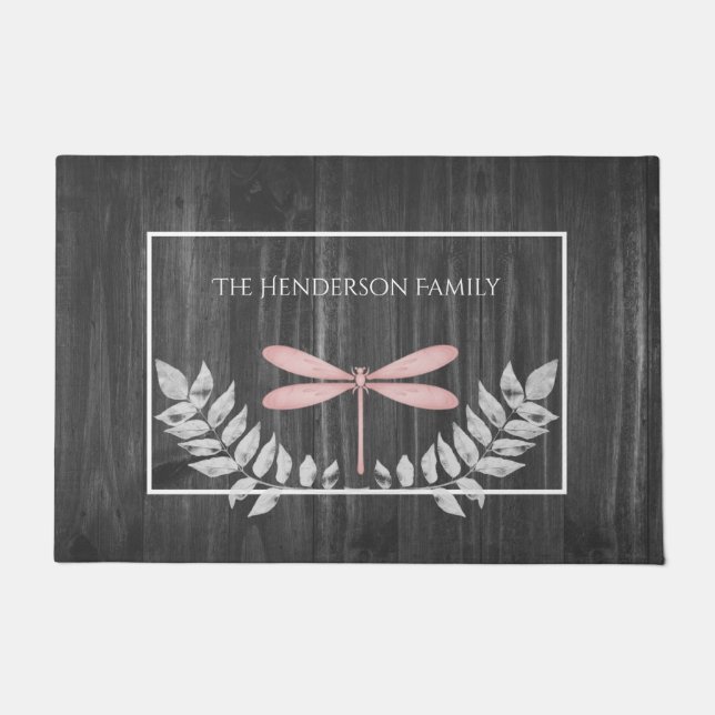 Pink Dragonfly Rustic Personalized Doormat (Front)