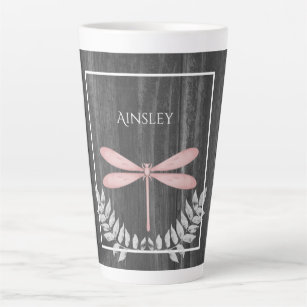 Pink Dragonfly Rustic Personalized Latte Mug
