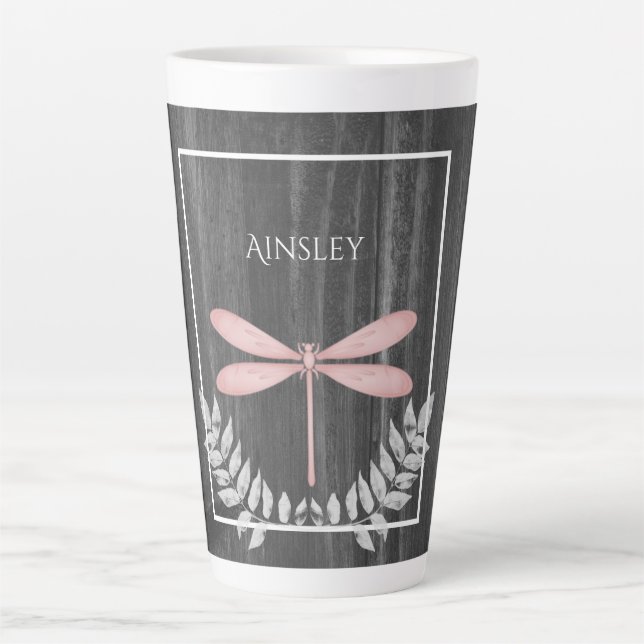 Pink Dragonfly Rustic Personalized Latte Mug (Front)