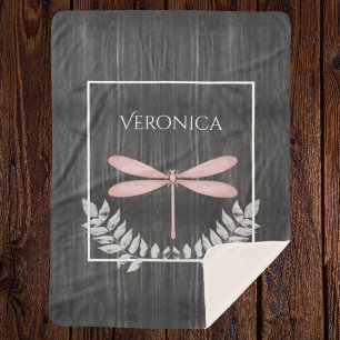 Pink Dragonfly Rustic Personalized Sherpa Blanket