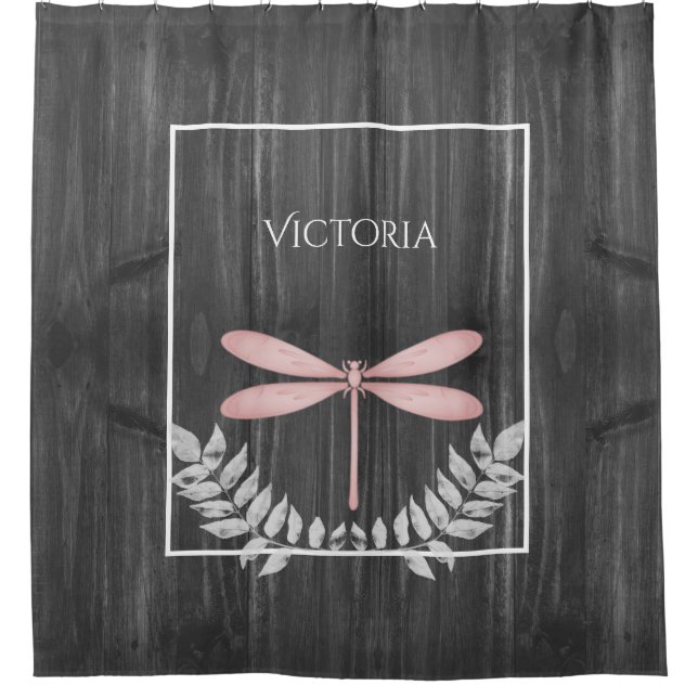 Pink Dragonfly Rustic Personalized  Shower Curtain (Front)