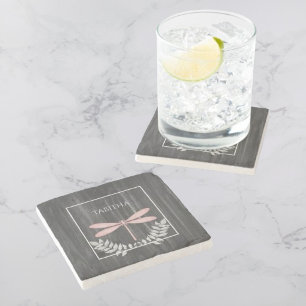Pink Dragonfly Rustic Personalized Stone Coaster