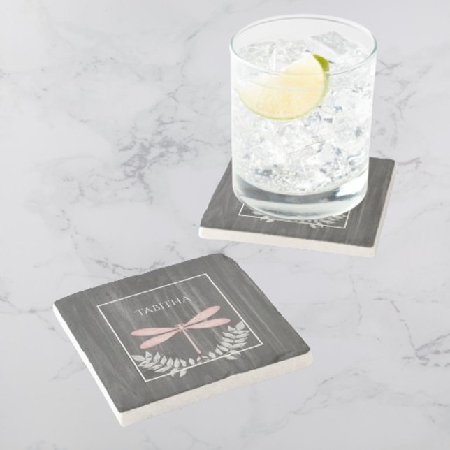 Pink Dragonfly Rustic Personalized  Stone Coaster (Pink Dragonfly Rustic Personalized Stone Coaster)