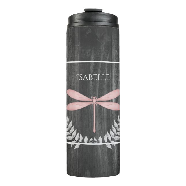 Pink Dragonfly Rustic Personalized Thermal Tumbler (Front)