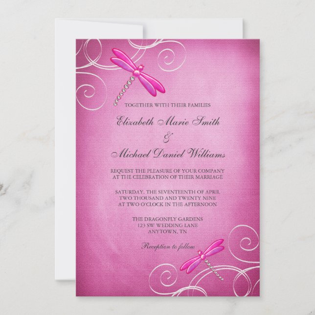 Pink Dragonfly Swirls Wedding Invitation (Front)