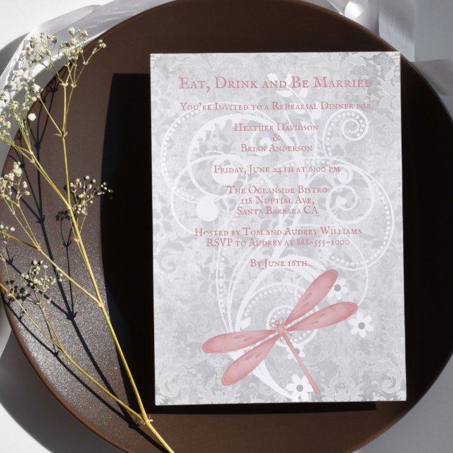 Pink Dragonfly Wedding Rehearsal Dinner Invite (Pink Dragonfly Wedding Rehearsal Dinner Invitation)