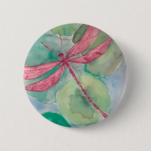 pink dragonfly with lily pads 2 inch round button (Front)