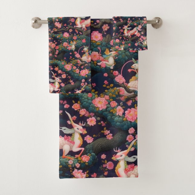 Pink Dragons and Cherry Blossoms Bath Towel Set (Insitu)
