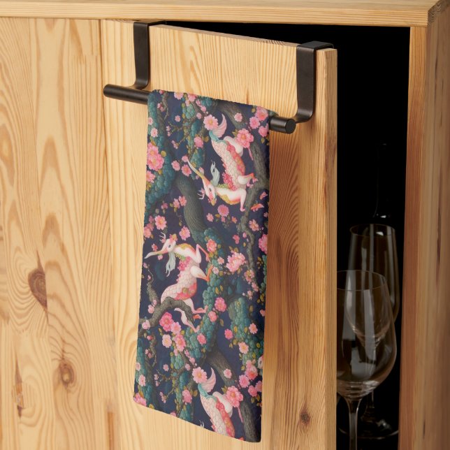 Pink Dragons and Cherry Blossoms Kitchen Towel (Thirds Fold)