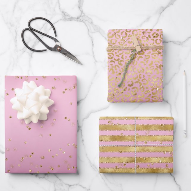 Pink Dream Gold Glitz Sparkle Stripes Leopard      Wrapping Paper Sheet (Front)