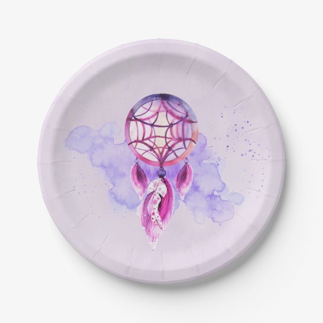 Pink Dreamcatcher On Purple Watercolor Splatter Paper Plate (Front)