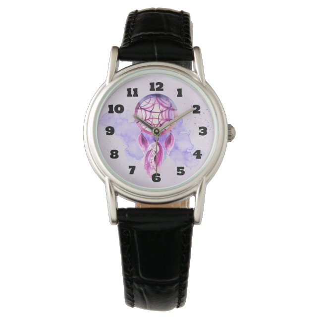 Pink Dreamcatcher On Purple Watercolor Splatter Watch (Front)