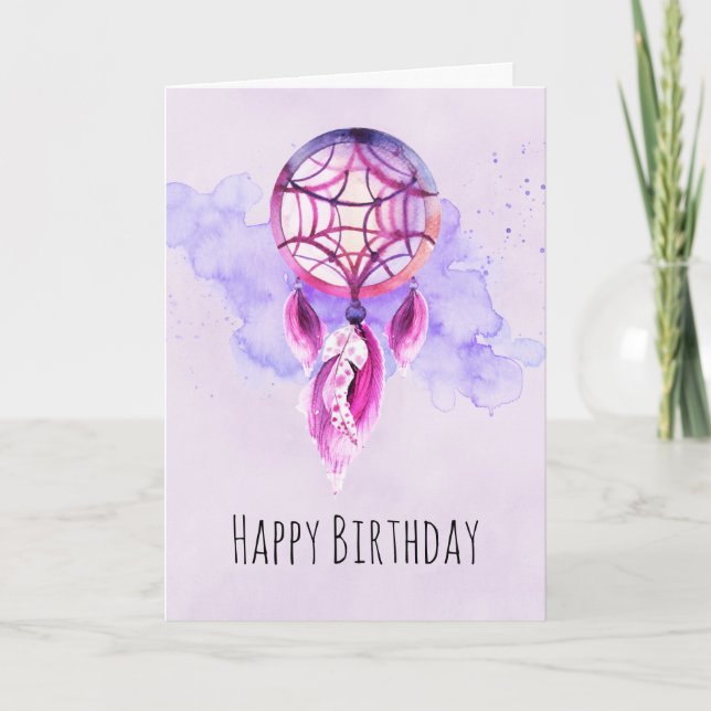 Pink Dreamcatcher Purple Paint Splatter Birthday Card (Front)