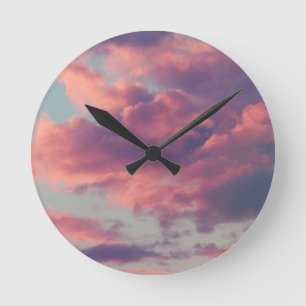 Pink Dreamy Aesthetic Sunset Clouds Round Clock