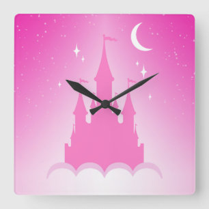 Pink Dreamy Castle In The Clouds Starry Moon Sky Square Wall Clock