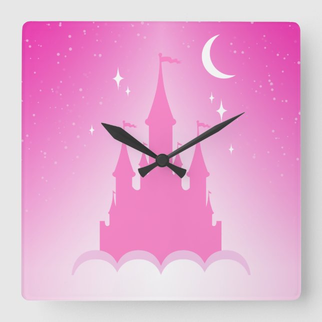 Pink Dreamy Castle In The Clouds Starry Moon Sky Square Wall Clock (Front)