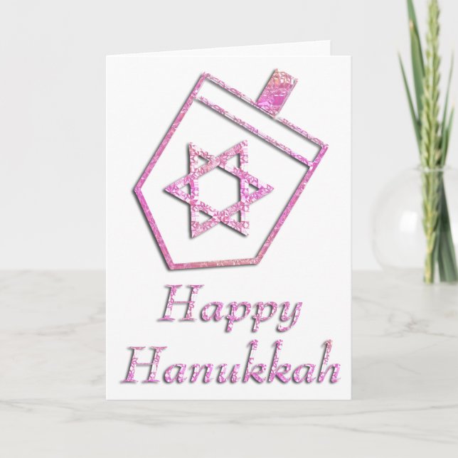 Pink Dreidel Happy Hanukkah Greeting Card 4 (Front)