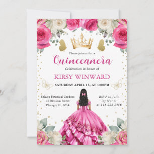 Pink Dress Black Hair Princess Quinceanera Invitation