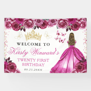 Pink Dress Blonde Princess Floral Birthday Banner