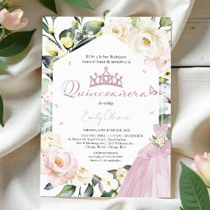 Pink Dress Boho Floral Frame Quinceañera Spanish Invitation