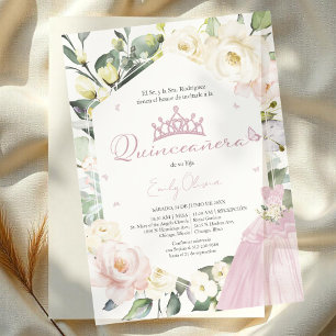 Pink Dress Boho Floral Frame Quinceañera Spanish Vellum Invitations