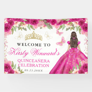 Pink Dress Brunette Princess Floral Quinceanera Banner