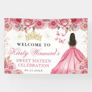 Pink Dress Brunette Princess Floral Sweet 16 Banner