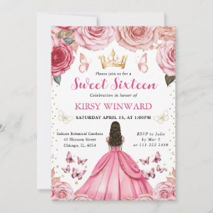 Pink Dress Brunette Princess Sweet 16 Invitation