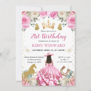 Pink Dress Brunette Western Princess Birthday Invitation