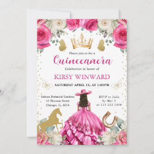 Pink Dress Brunette Western Princess Quinceanera Invitation