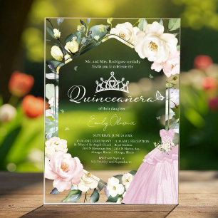 Pink Dress Butterfly Floral Frame Quinceañera Acrylic Invitations