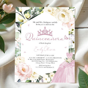 Pink Dress Butterfly Floral Quinceañera Invitation