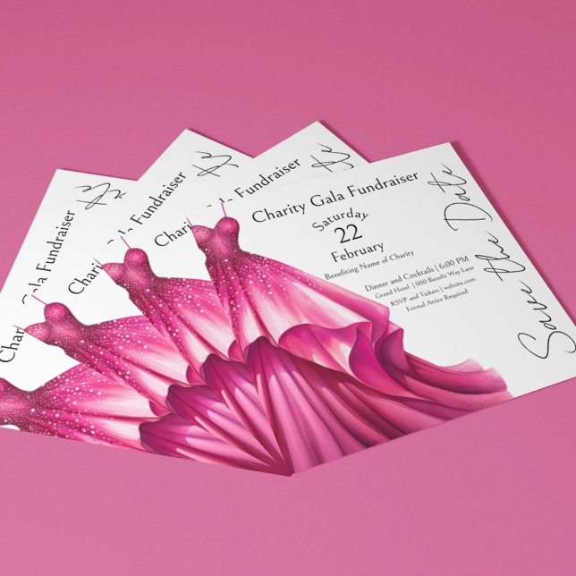 Pink Dress Chairty Ball Gala Event Invitation (Save the Date Gala Fundraiser Charity event with formal hot pink dress on front and back. Customized)