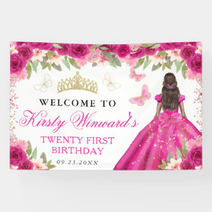 Pink Dress Dark Skin Princess Floral Birthday Banner