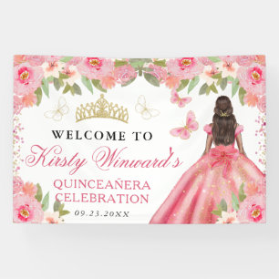 Pink Dress Dark Skin Princess Floral Quinceanera Banner
