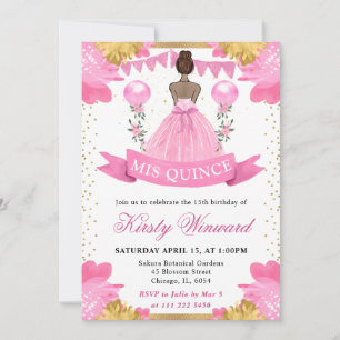 Pink Dress Dark Skin Princess Quinceanera Invitation