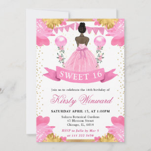 Pink Dress Dark Skin Princess Sweet 16 Invitation