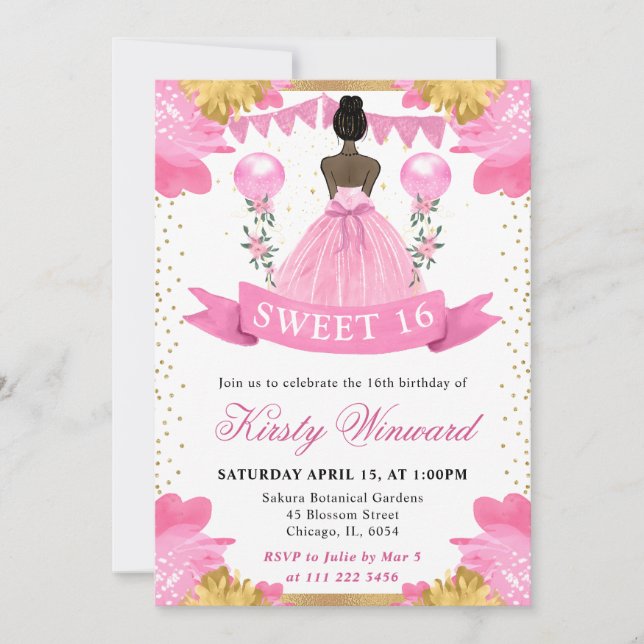 Pink Dress Dark Skin Princess Sweet 16 Invitation (Front)