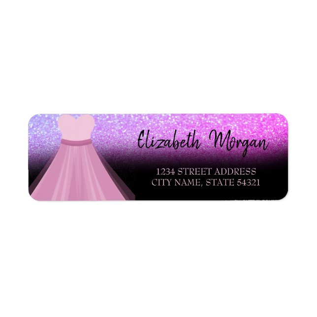 Pink Dress,Glitter Bokeh, Black Address Label (Front)