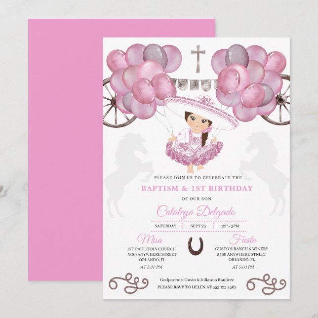 Pink Dress Mexican Baby Charra Balloons Baptism Invitation (Front/Back)