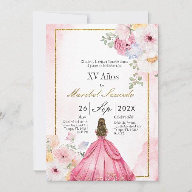 Pink dress quinceañera  invitation (Front)
