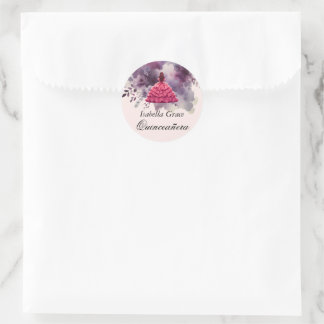 Pink Dress Quinceañera with Watercolor Purple Classic Round Sticker